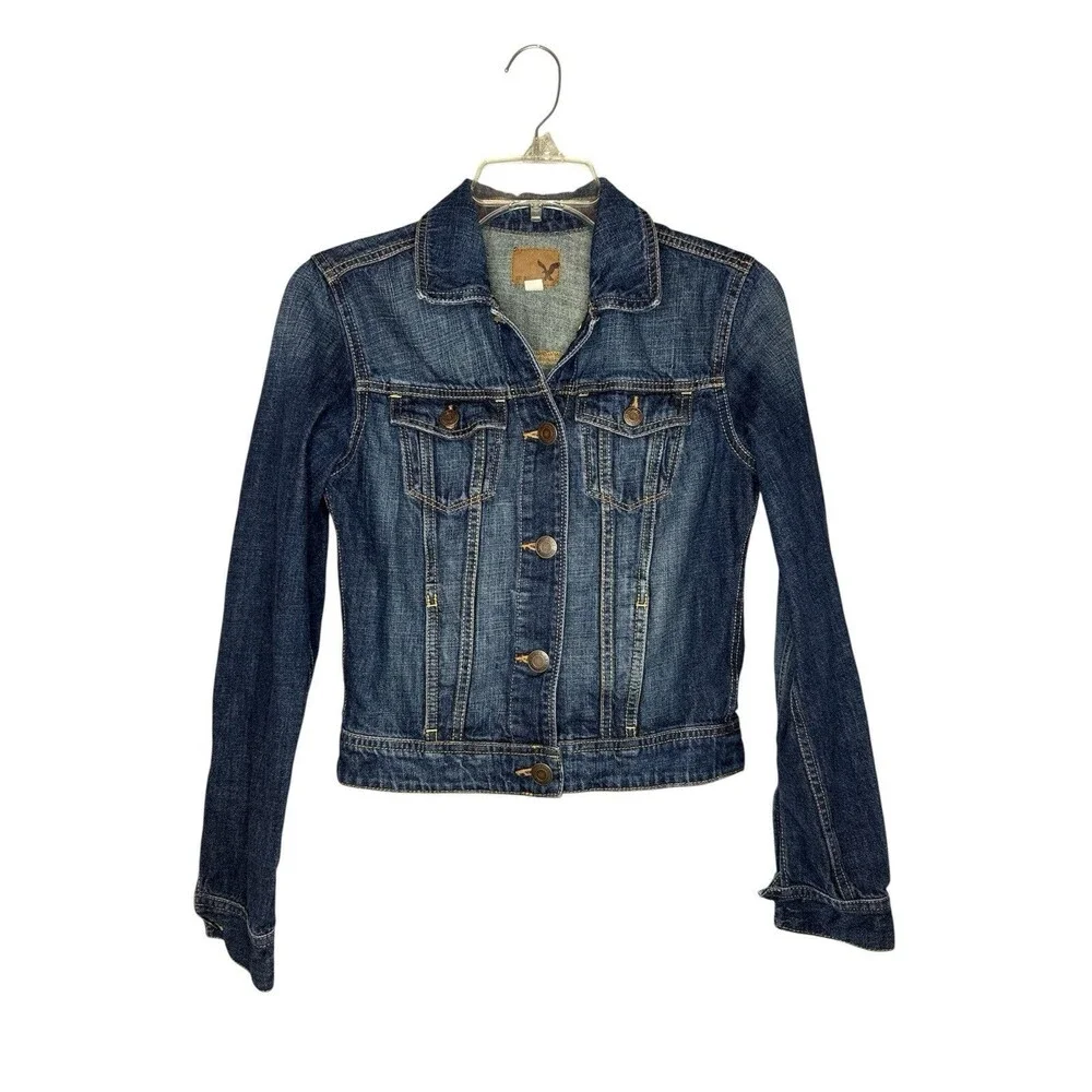 American Eagle Blue Denim Trucker Jacket XS Medium Wash Classic Jean‎ Coat